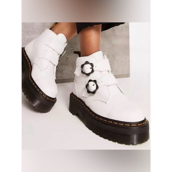Dr. Martens Shoes - Dr. Martens White Devon Flower Buckle Leather Platform Boots Size UK 7/ US 9
